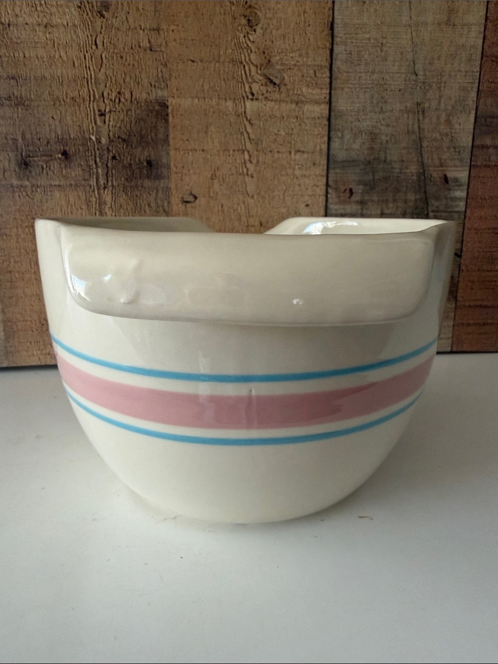 VTG McCoy Pottery Model 129~ 2 Quart Cream Batter Bowl Pink and Blue Stripe - Picture 7 of 7